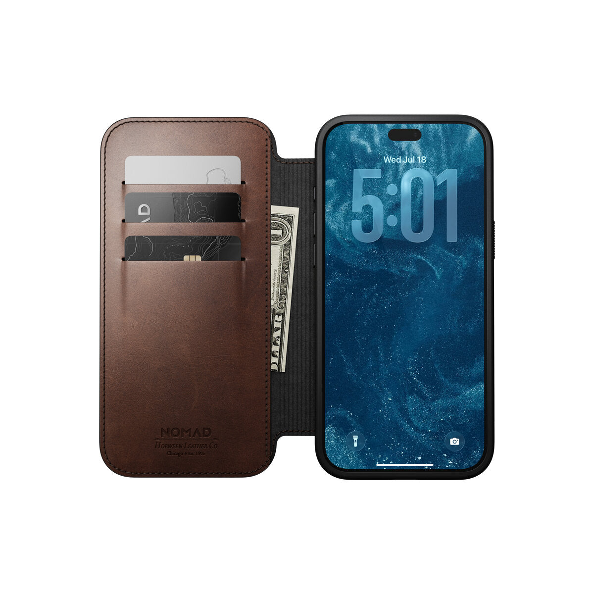 Kožené flipové pouzdro pro iPhone 18 Pro Max/17 Pro Max Nomad Modern Leather Folio Horween - rustic brown (tmavě hnědá)
