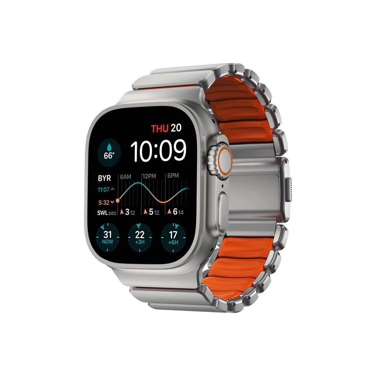 Řemínek pro Apple Watch 45/46/49 mm Nomad Stratos Band FKM - stříbrný/oranžový