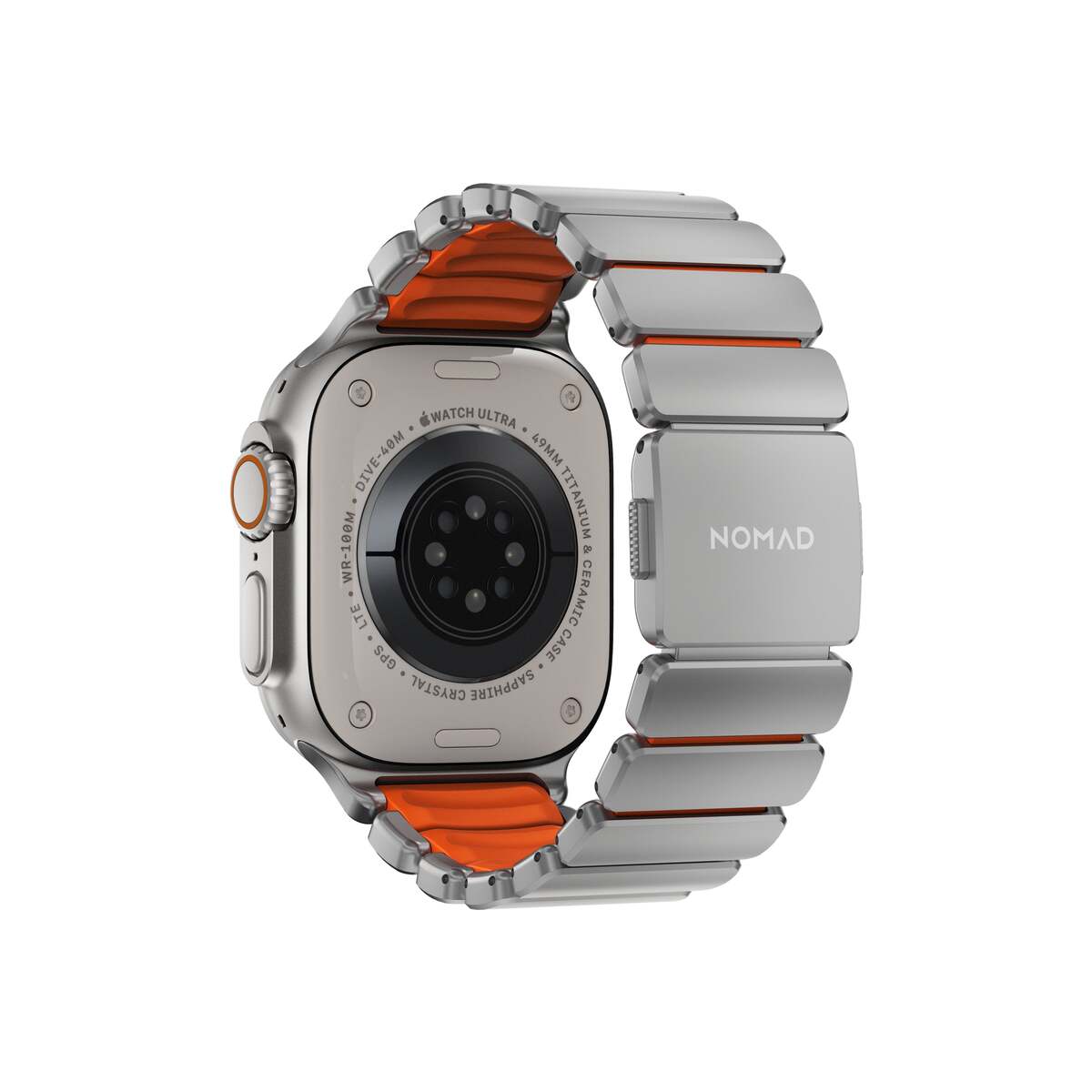 Řemínek pro Apple Watch 45/46/49 mm Nomad Stratos Band FKM - stříbrný/oranžový