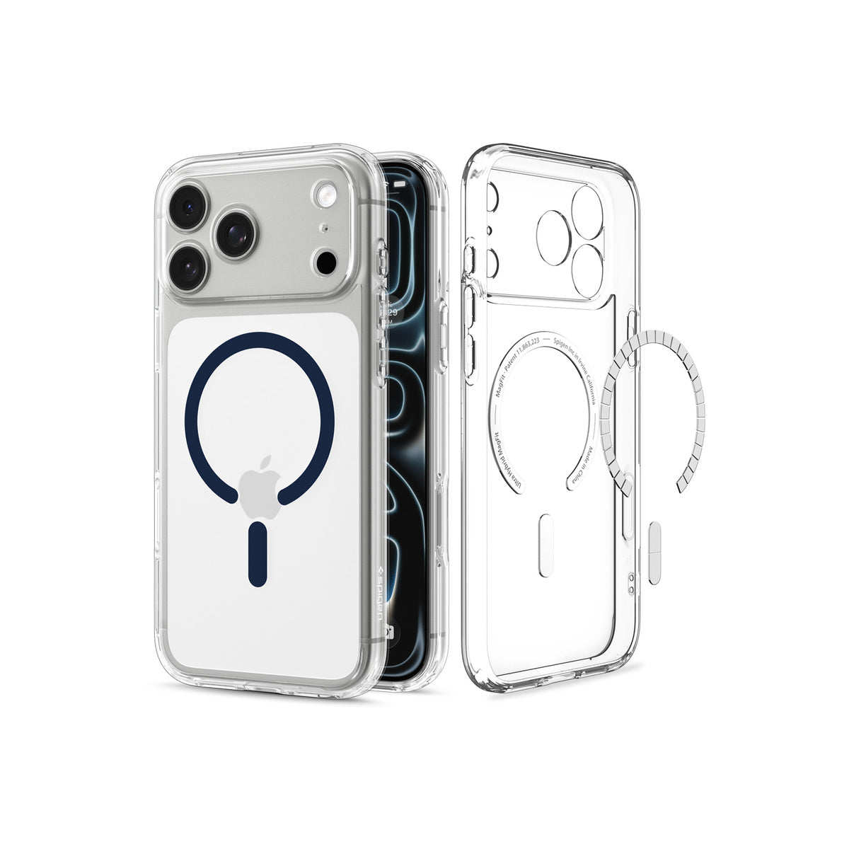 MagSafe kryt pro iPhone 18 Pro/17 Pro Spigen Ultra Hybrid MagSafe - průhledná s tmavě modrým akcentem