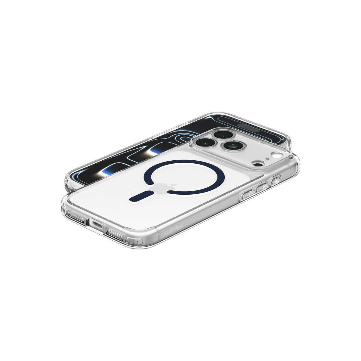 MagSafe kryt pro iPhone 18 Pro/17 Pro Spigen Ultra Hybrid MagSafe - průhledná s tmavě modrým akcentem