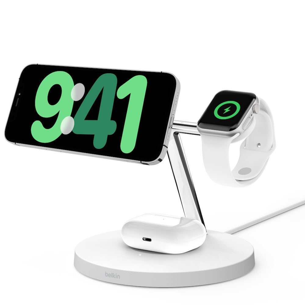 Bezdrátový nabíjecí stojan Belkin BoostCharge Pro 3v1 s Qi2 - bílý - bonami.click